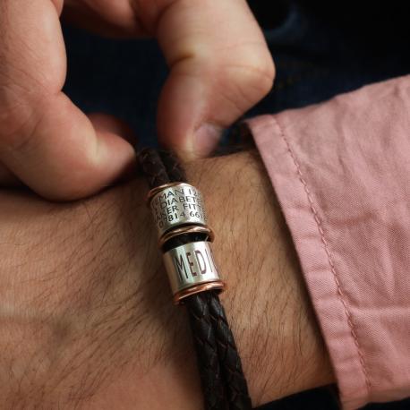 Dark Brown Braided Leather and Silver Medical Alert Bracelet