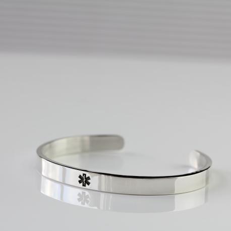 Sterling Silver Medical Alert Cuff Bracelet with Caduceus Medical Symbol