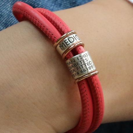 Soft Coral Leather and Silver Medical Alert Bracelet