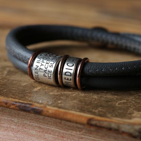 Soft Dark Grey Leather and Silver Medical Alert Bracelet